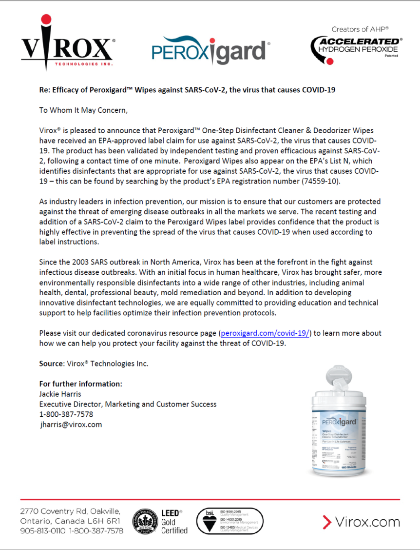 Peroxigard Wipes Efficacy Letter