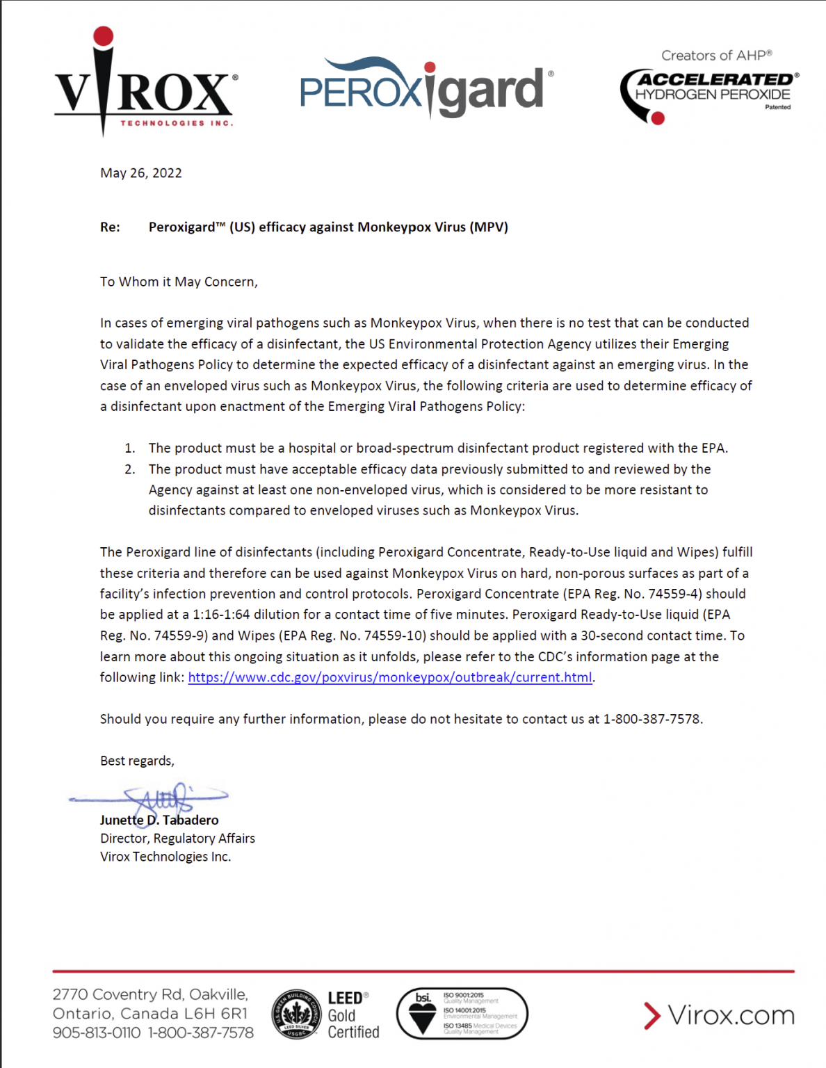 Peroxigard™ (US) efficacy against Monkeypox Virus (MPV) Peroxigard™