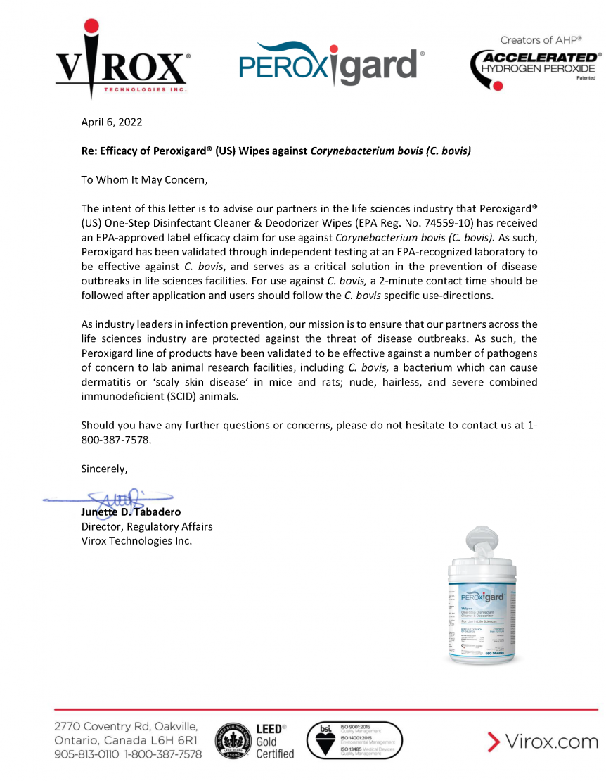 Peroxigard Wipes C. bovis EPA Approval Letter img